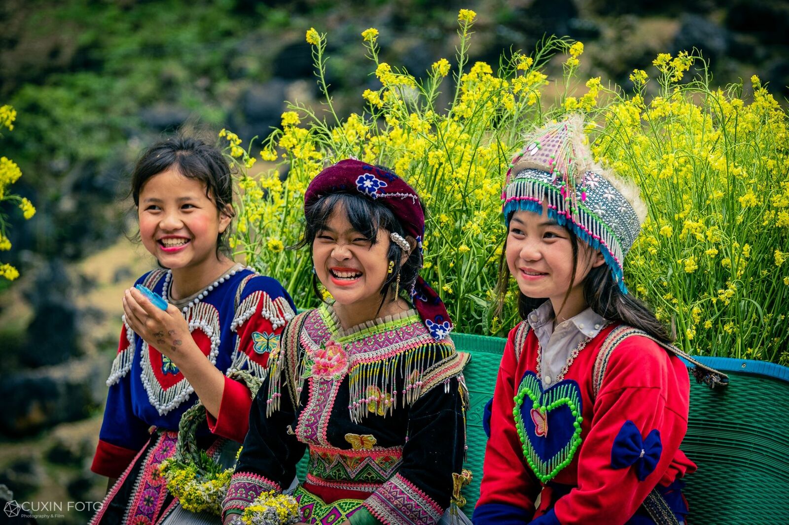 Ethnic minority girls in northern Vietnam wearing traditional dress and smiling among yellow flowers.