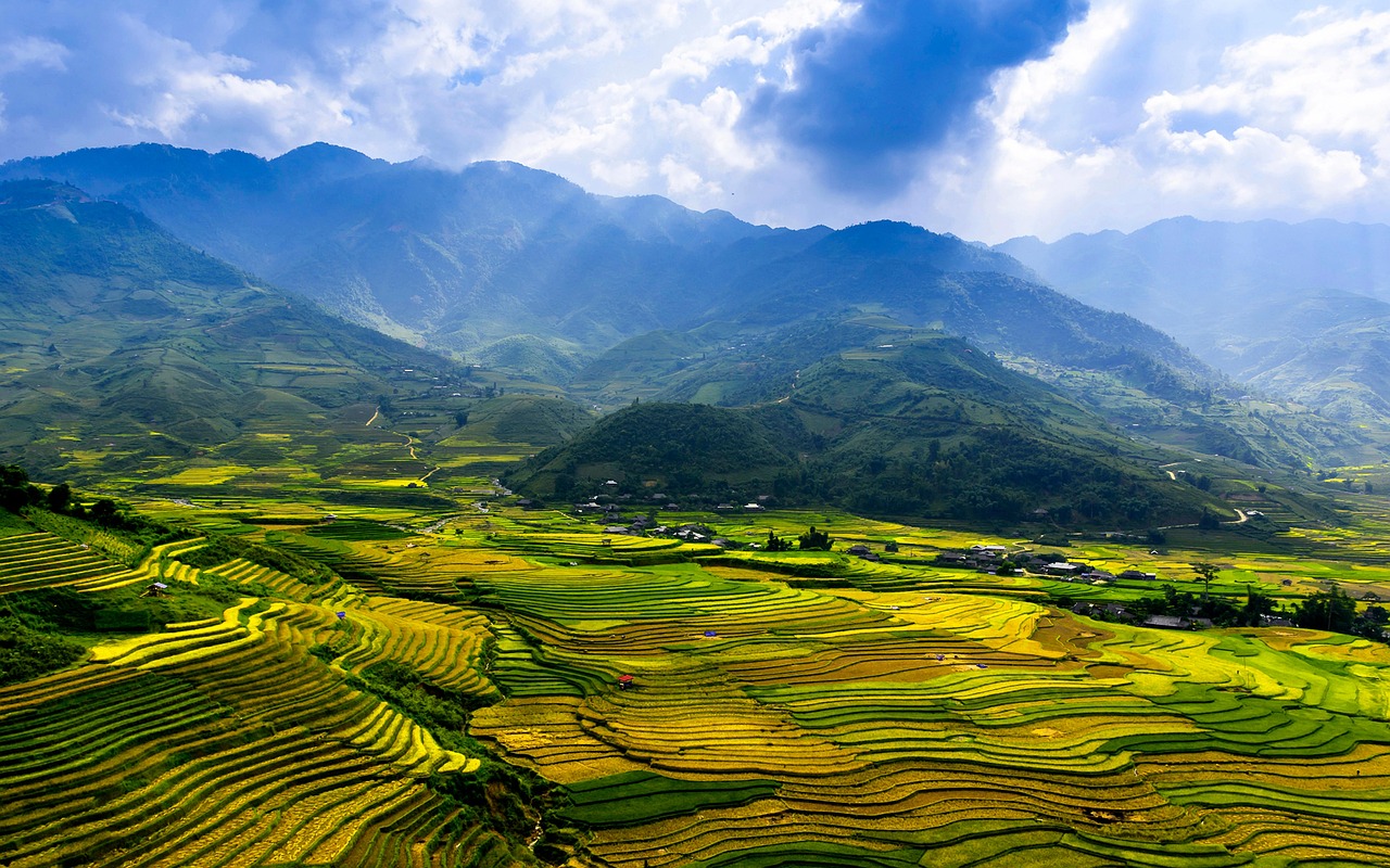 Golden rice terraces at sunrise in Mu Cang Chai — an iconic northern Vietnam photo spot.
