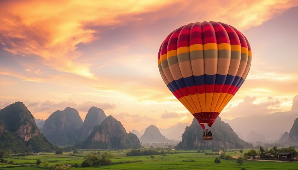 FIT travel Southeast Asia in Vang Vieng - Sunrise hot air balloon floating over karst mountains and Nam Song River