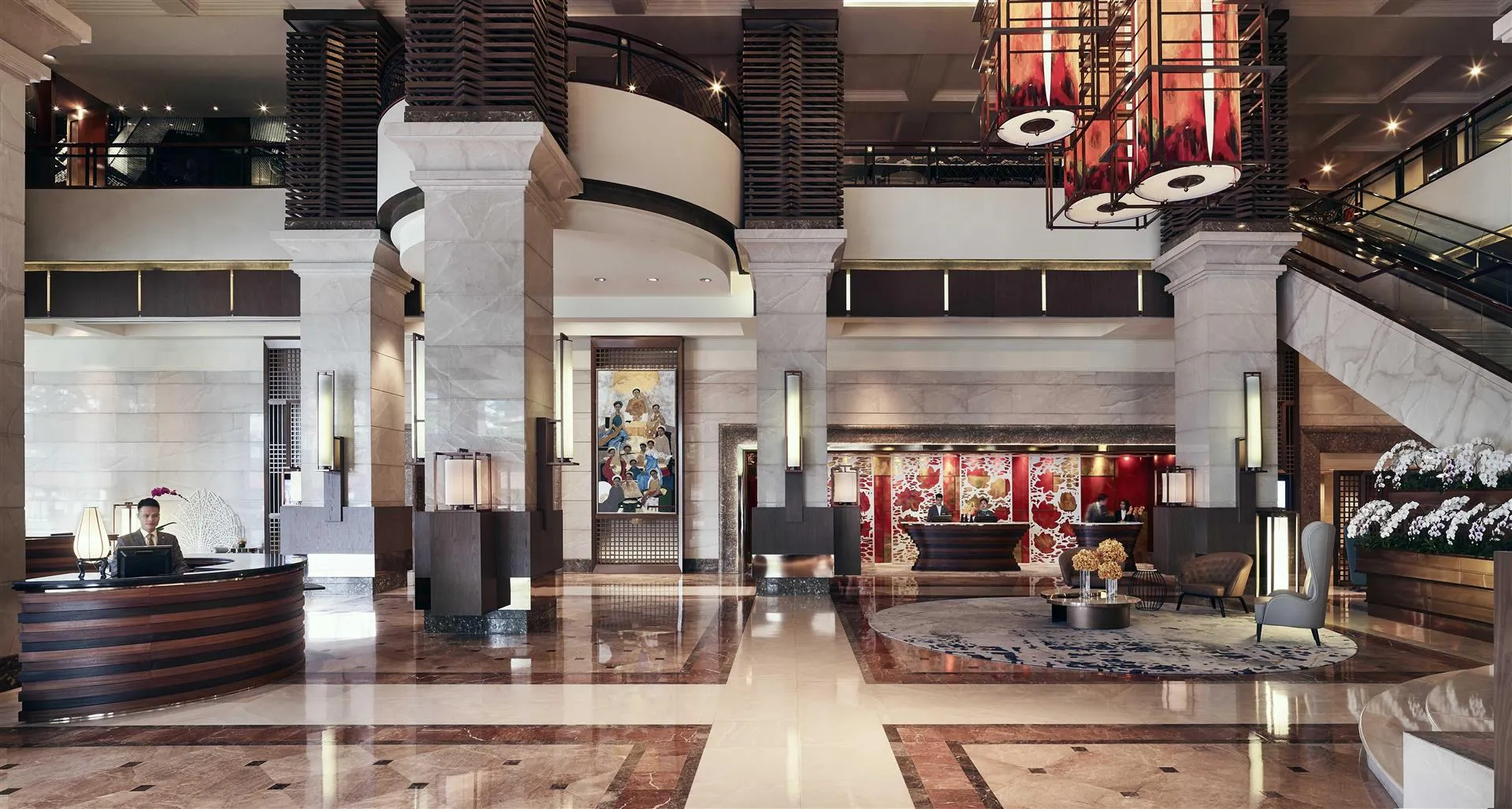 Grand hotel lobby with luxury design at hotel pan pacific hanoi
