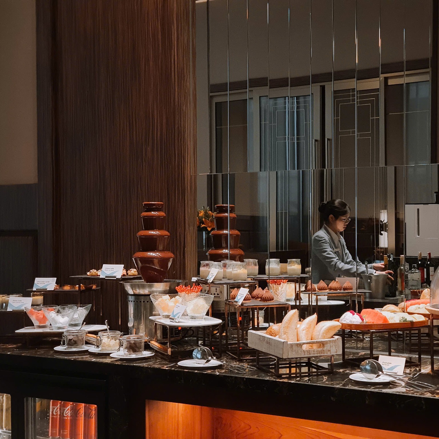 Luxury buffet with desserts and chocolate fountain at mövenpick hotel hanoi