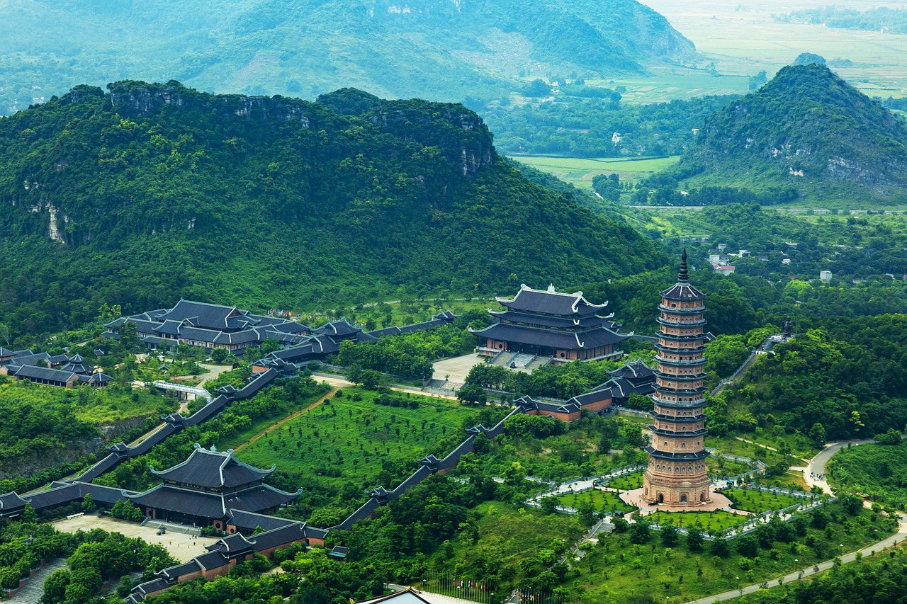Bai Dinh Pagoda complex in Vietnam Ninh Binh, surrounded by lush karst mountains and greenery