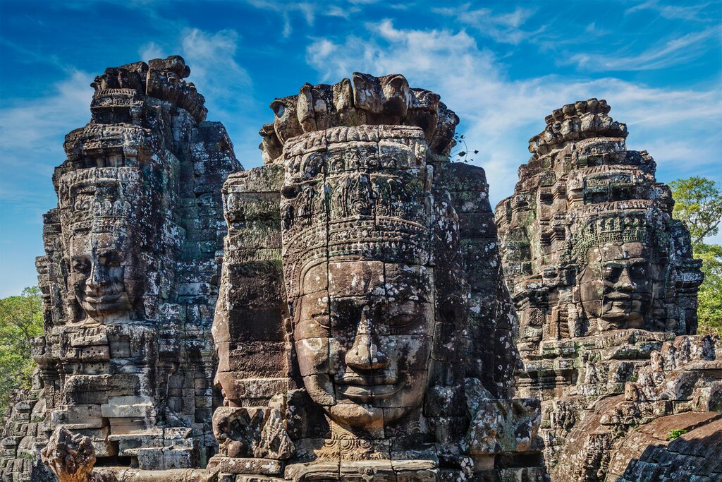 The towers of the Bayon Temple in Angkor Thom, Cambodia, a magnificent site to visit during the Best Time to Visit Southeast Asia
