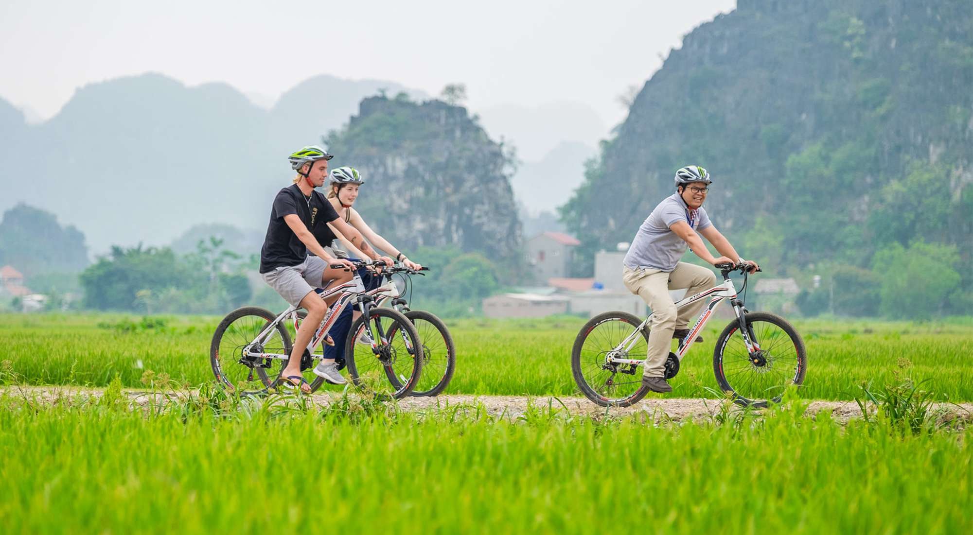 Travelers cycling through rice fields near lalita boutique hotel, experiencing authentic countryside charm and breathtaking Ninh Binh scenery.