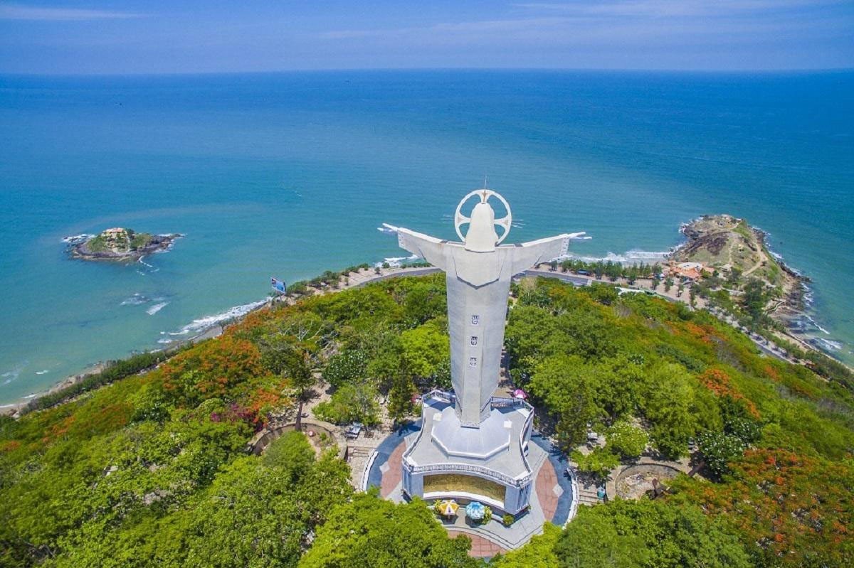 An aerial view of the colossal Giant Jesus Statue (Christ the King), a famous landmark in the coastal cities in Vietnam of Vung Tau