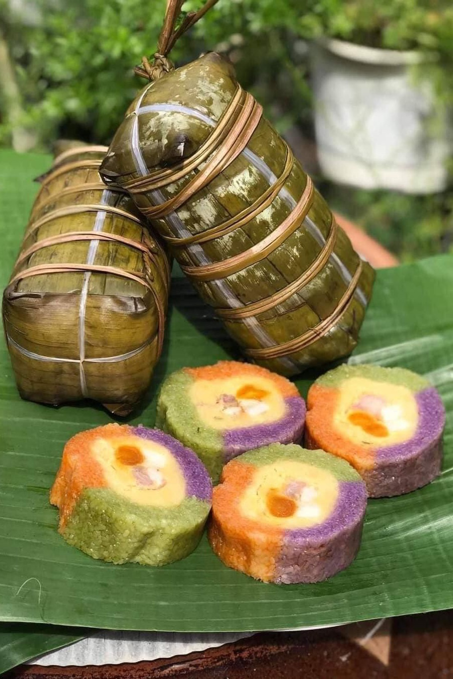 Southern Vietnamese New Year’s Food featuring colorful Bánh Tét, symbolizing prosperity and joy in traditional Tết celebrations of Vietnam.