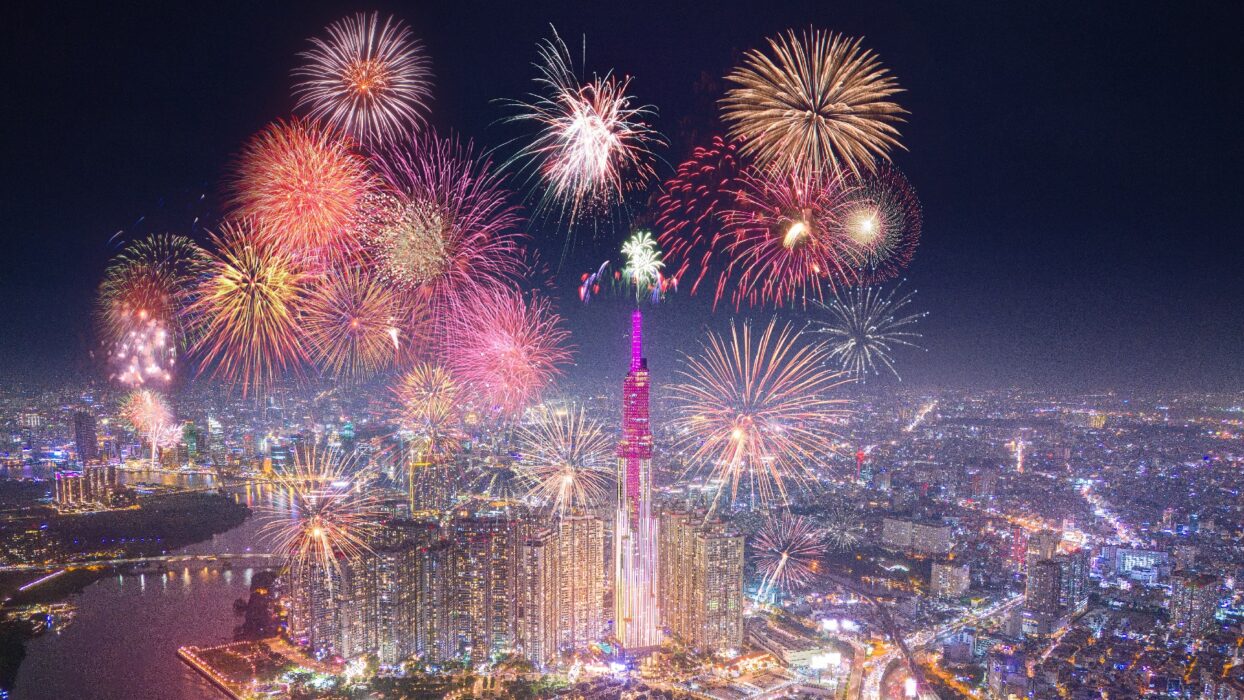 Spectacular fireworks over Ho Chi Minh City's Landmark 81 tower for New Year's Eve. Highlight of Vietnam in December festivities