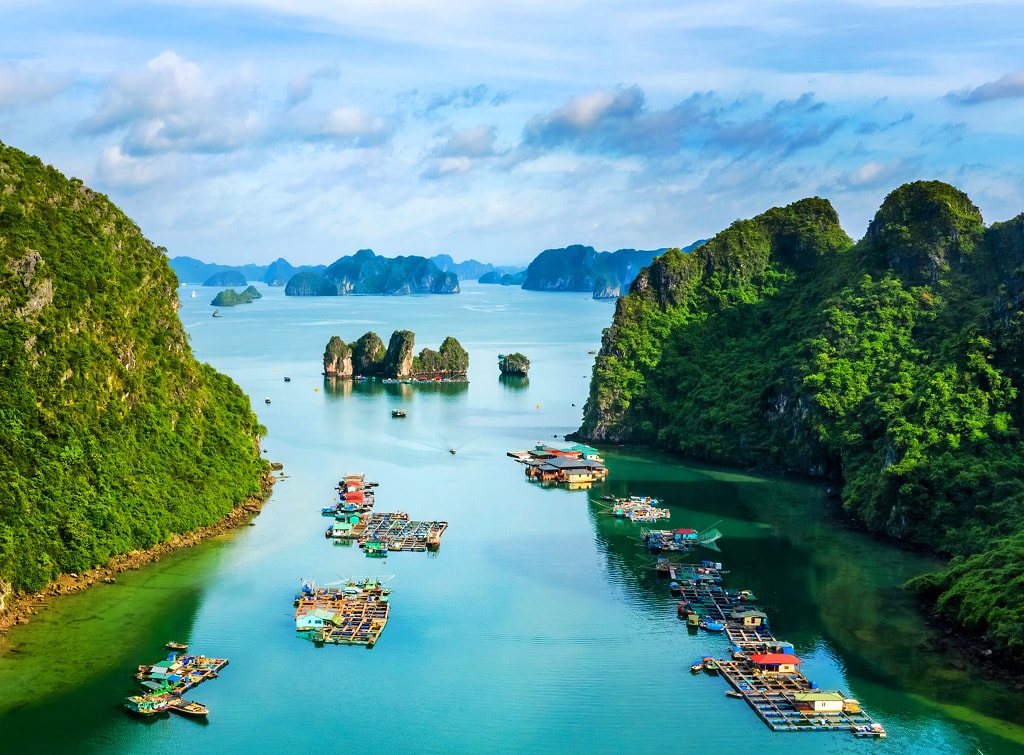 High-angle view of a floating fishing village in Ha Long Bay - An ideal destination in Vietnam in November