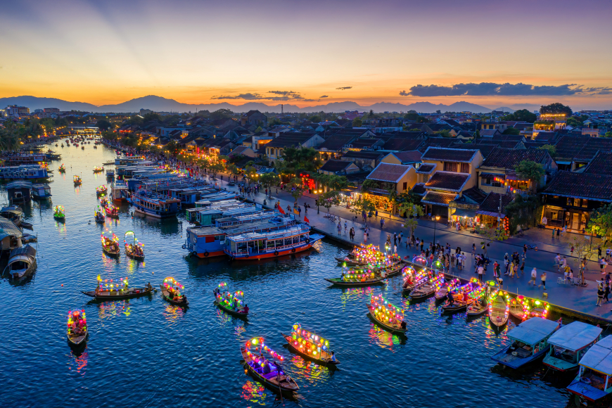 An evening aerial view of Hoi An, one of the charming coastal cities in Vietnam