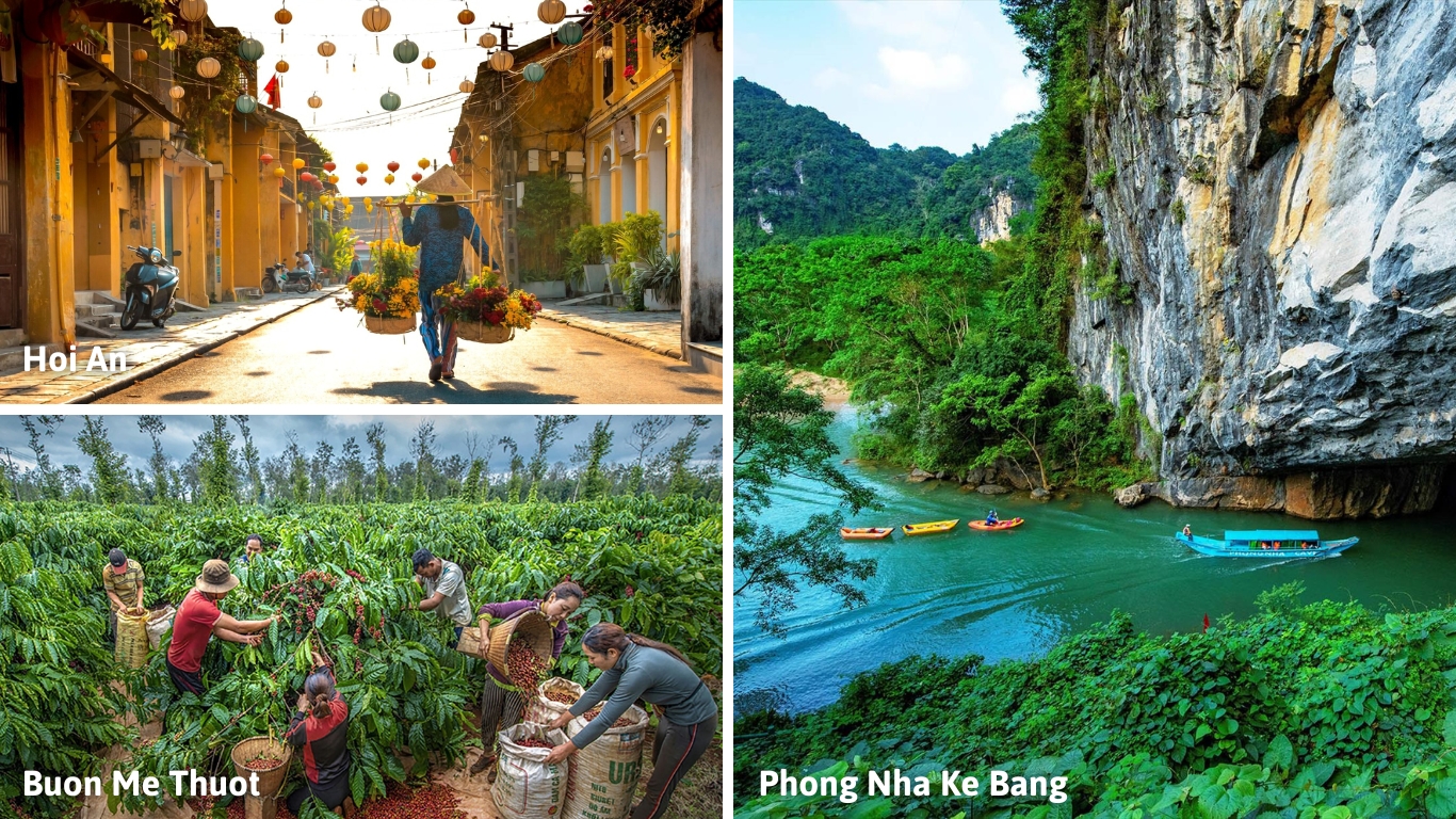 Beautiful travel destinations across Vietnam in March – from Hoi An lanterns to limestone mountains and rice fields.