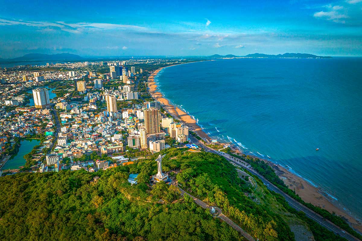 An aerial view of the coastal cities in Vietnam