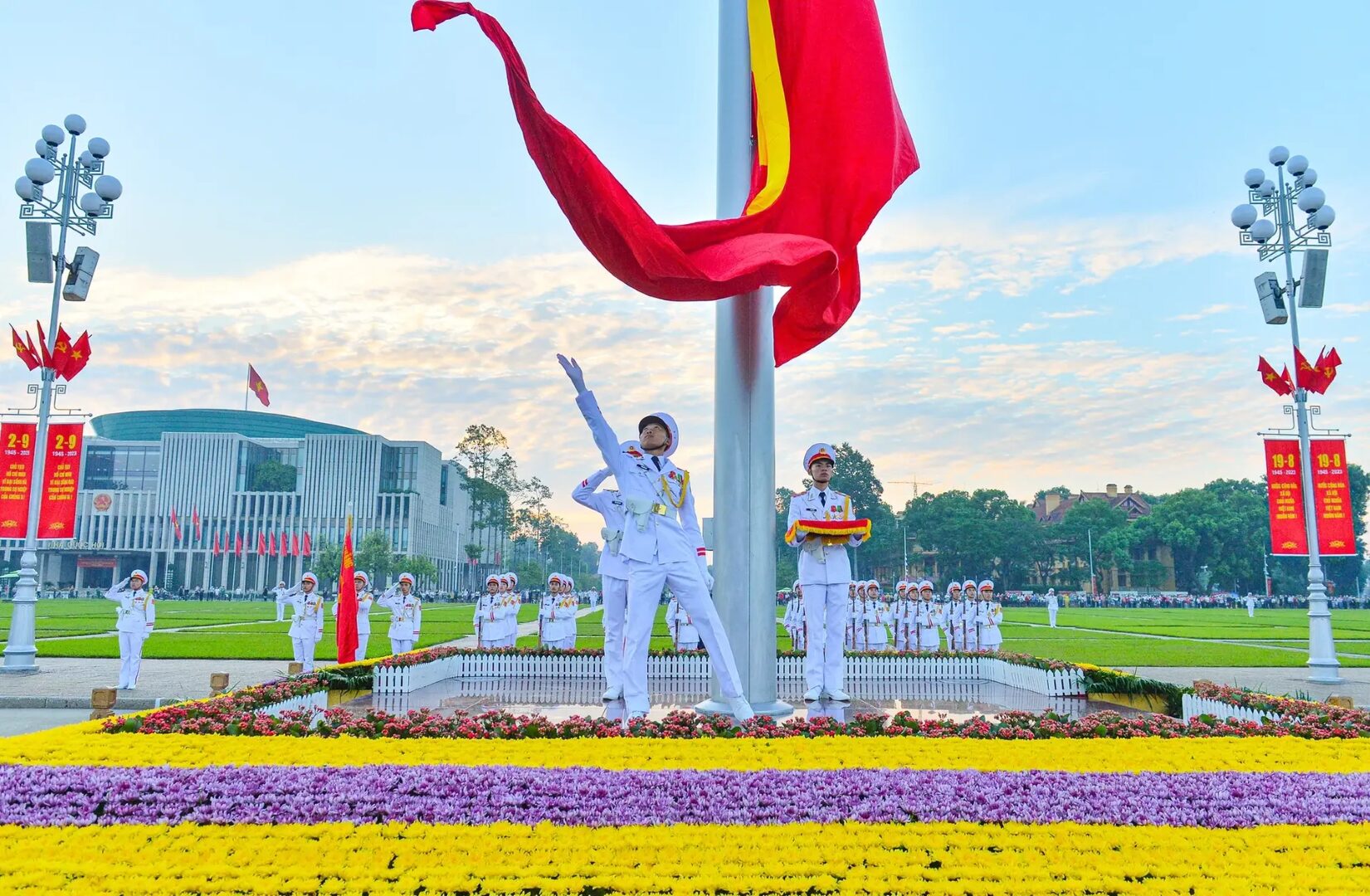 A dramatic view of the morning Flag Raising ceremony on Ba Dinh Square