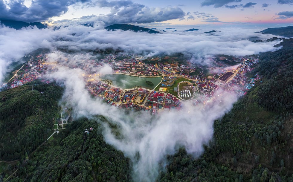 An aerial view of Sapa town seen from Ham Rong Mountain, which can be seen as the best time to visit vietnam sapa for this view