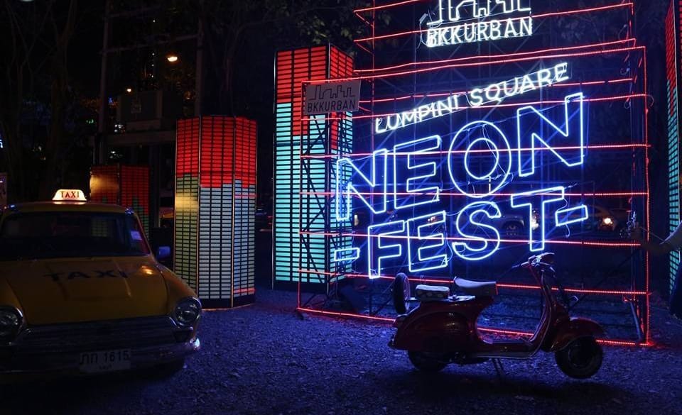 Neon Fest event signage at Lumpini Square, resembling a Bangkok night market scene at Talad Neon