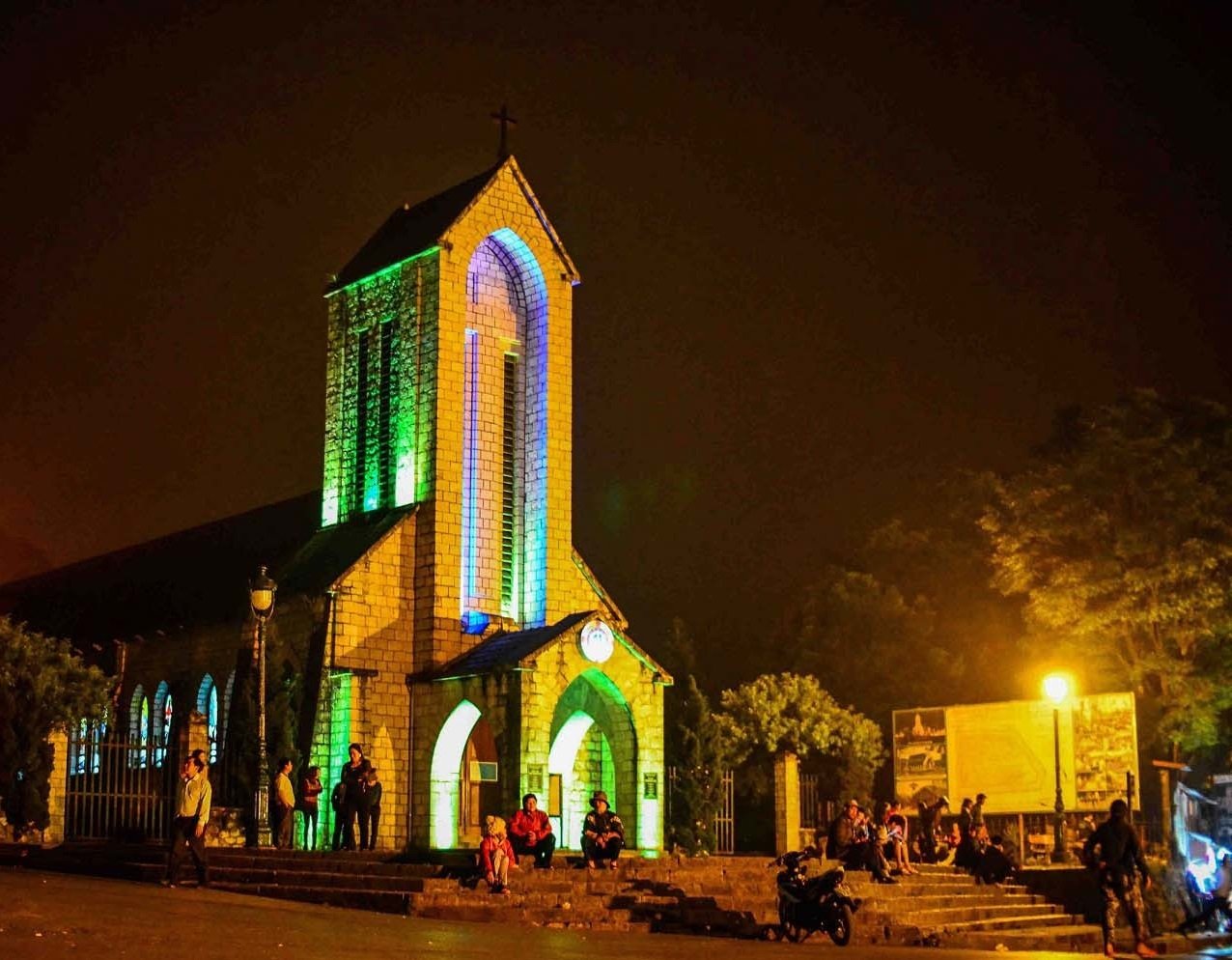 Sapa Stone Church at night, representing a lively evening in Sapa, a possible time to find the best time to visit vietnam sapa