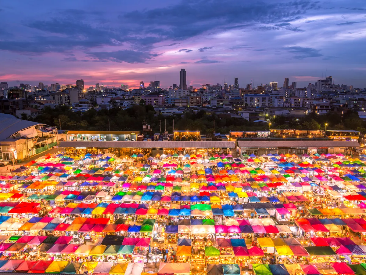 Aerial view of Srinakarin Train Market, a colorful Bangkok night market