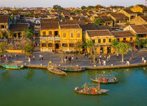 Aerial view of the yellow-walled ancient town of Hoi An, Vietnam, perfect for a hoi an private tour