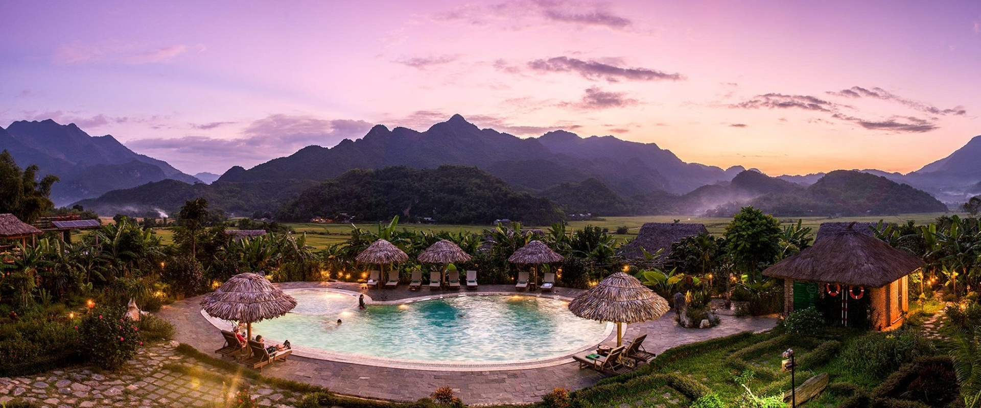 Stunning mountain views at sunset, capturing the scenic atmosphere of Mai Chau Ecolodge
