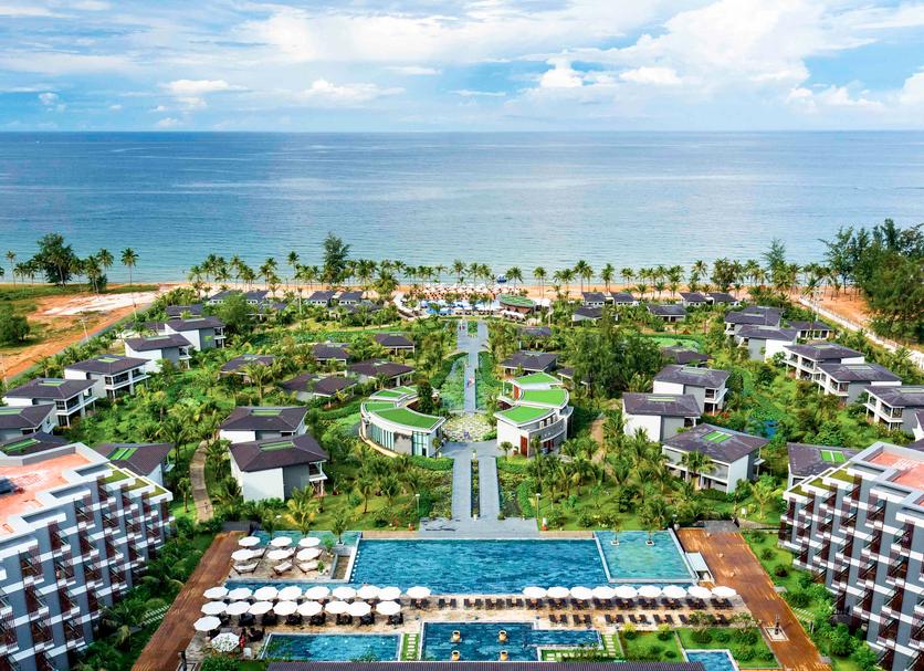 An aerial view of the modern Novotel Phu Quoc Resort, available in phu quoc island holiday packages