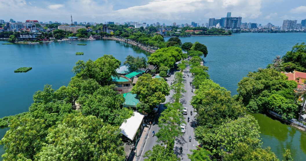 An aerial view of Thanh Nien Street, a tree-lined causeway separating West Lake Hanoi and Truc Bach Lake
