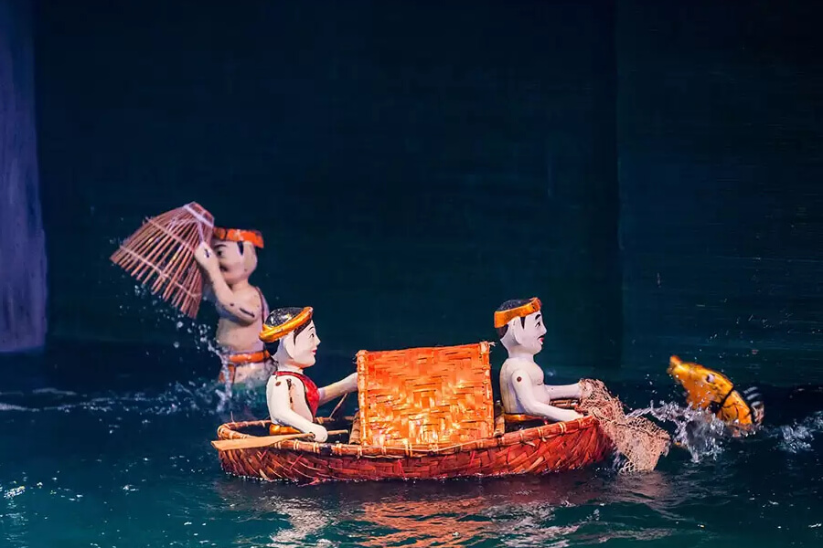 A fisherman catching a fish, illustrating a scene from a traditional Hanoi water puppet show.