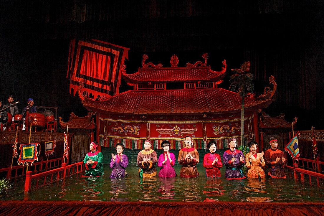 A scene from a traditional water puppet show at Thang Long Water Puppet Theatre, a popular attraction in the Hanoi Old Quarter