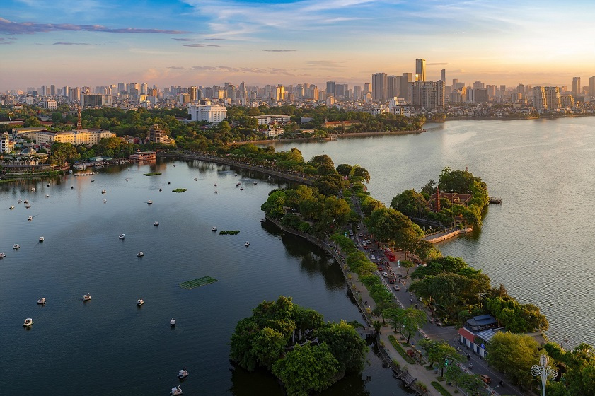 An aerial view of West Lake Hanoi at sunset