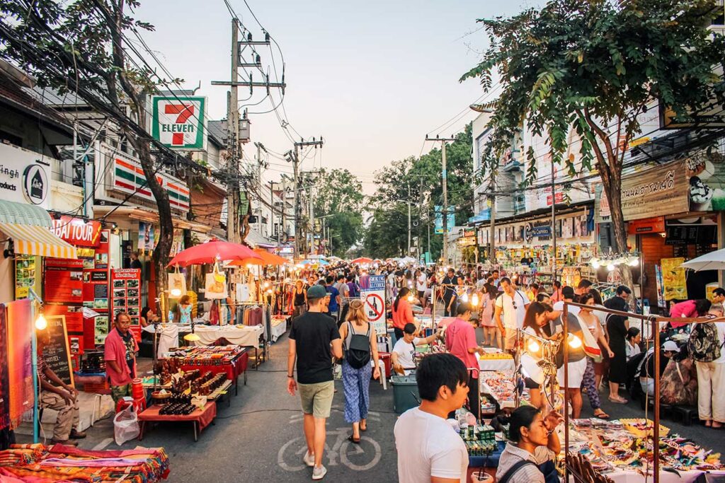 A crowded street scene at the Chiang Mai night market