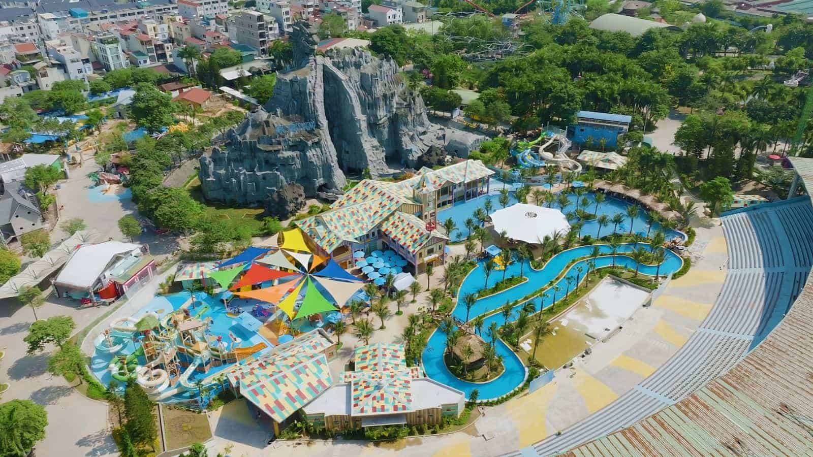 An aerial view of the water park section of Bao Son Paradise Park, a family-friendly destination for hanoi day tours