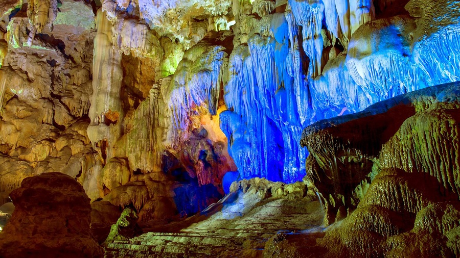 An interior shot of a limestone cave in Ha Long Bay Tours