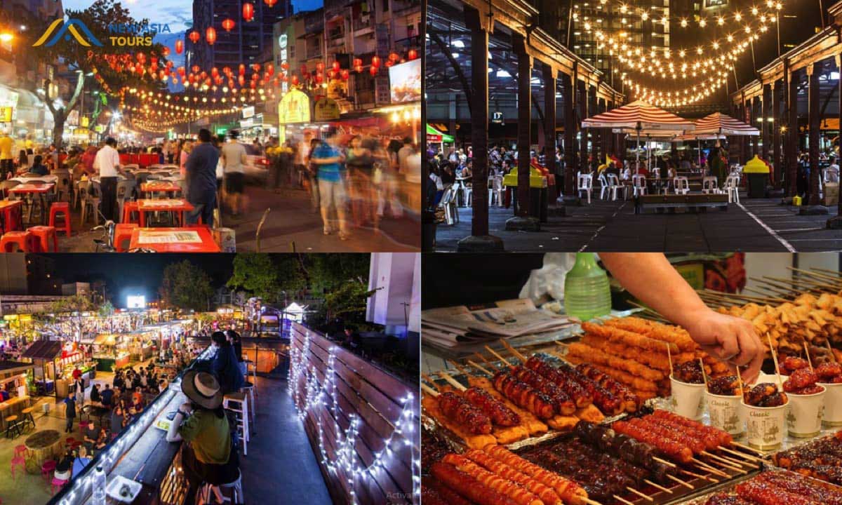 Street Food Vendors and Local Markets: Collage showing bustling night markets, vibrant street food stalls, and vendors cooking skewers, highlighting local cuisine and culture.