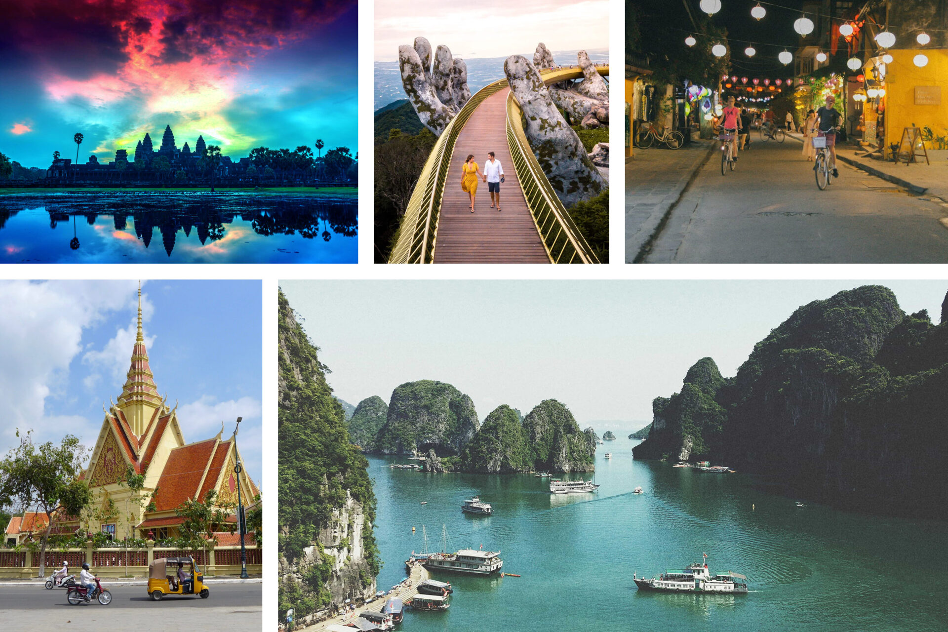 Optimal Travel Period for Vietnam and Cambodia: Collage showing Angkor Wat at sunset, couple on Da Nang Golden Bridge, Hoi An street at night, pagoda in Phnom Penh, and Ha Long Bay cruise ships.