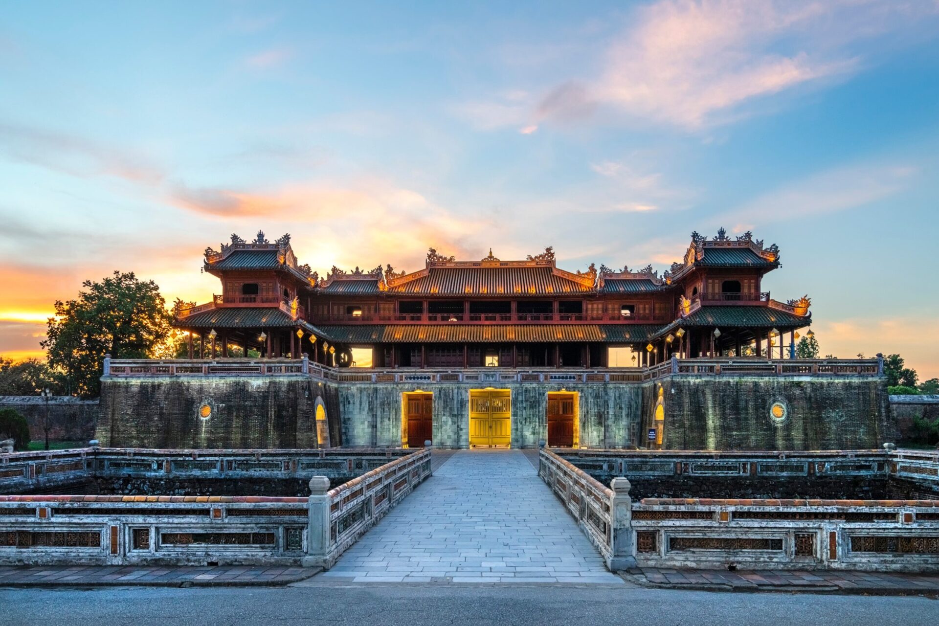 Majestic Hue Imperial Citadel near Vedana Lagoon Resort Vietnam at sunset, showcasing royal architecture and Vietnam’s cultural heritage.