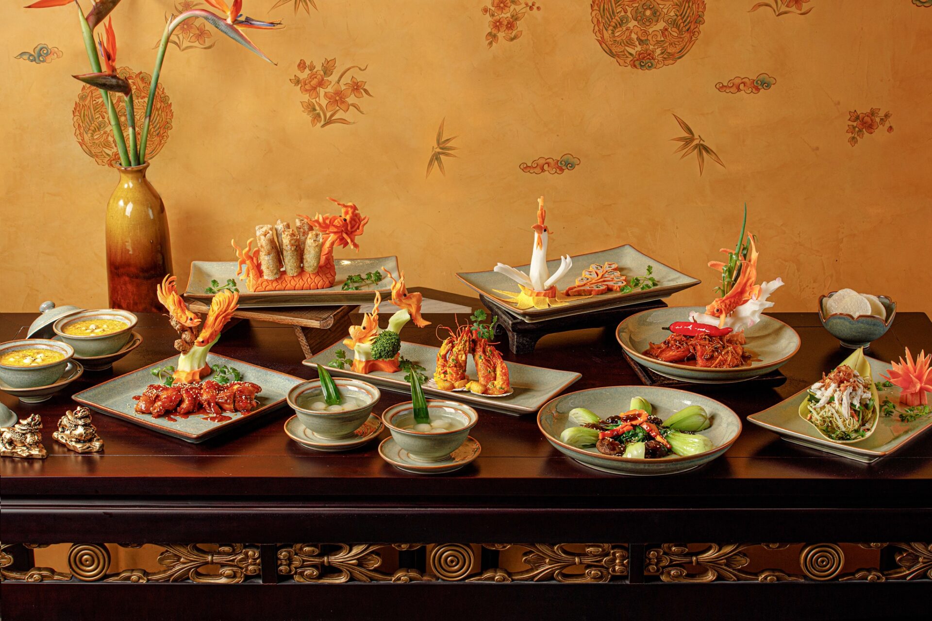 Royal Hue cuisine beautifully presented at Ancient Hue Garden Houses, featuring elaborate carvings, traditional plating, and vibrant imperial-style dishes.