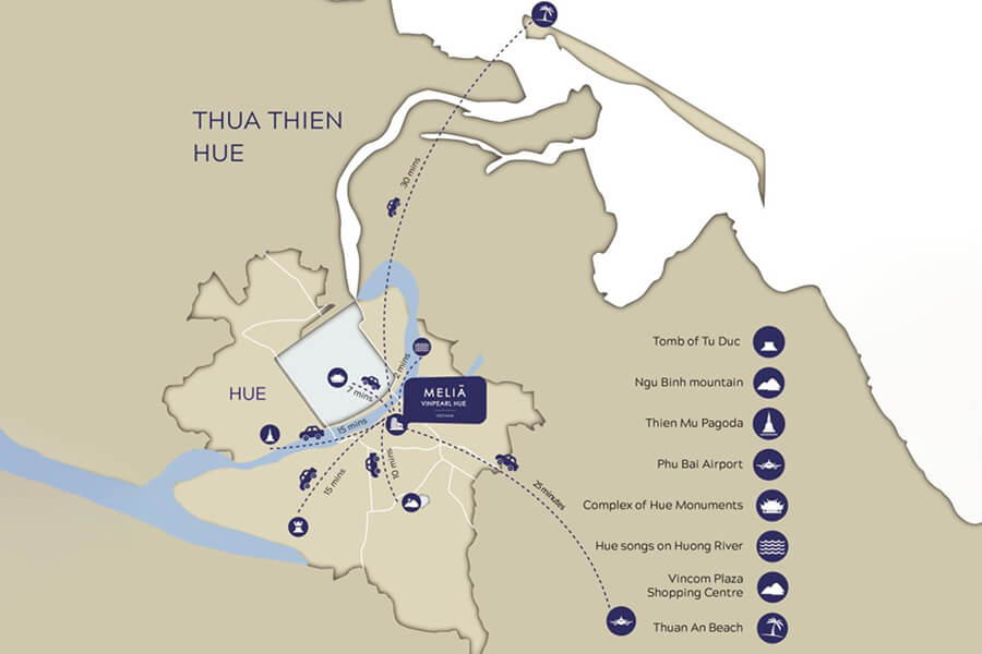 Location map showing Melia Vinpearl Hue near the Imperial Citadel, Perfume River, and major cultural attractions in Hue, Vietnam.