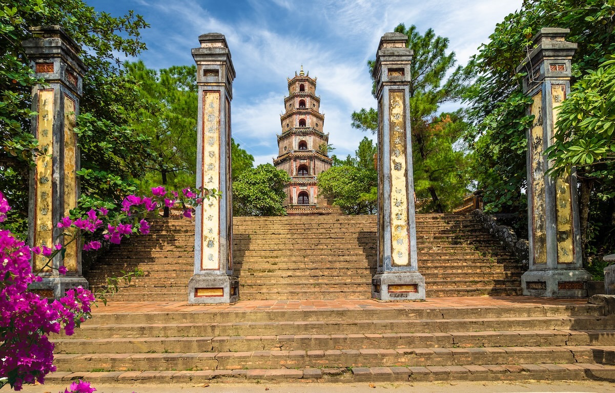 Thien Mu Pagoda near Melia Vinpearl Hue, an iconic heritage site reflecting the ancient spiritual beauty of Hue, Vietnam.