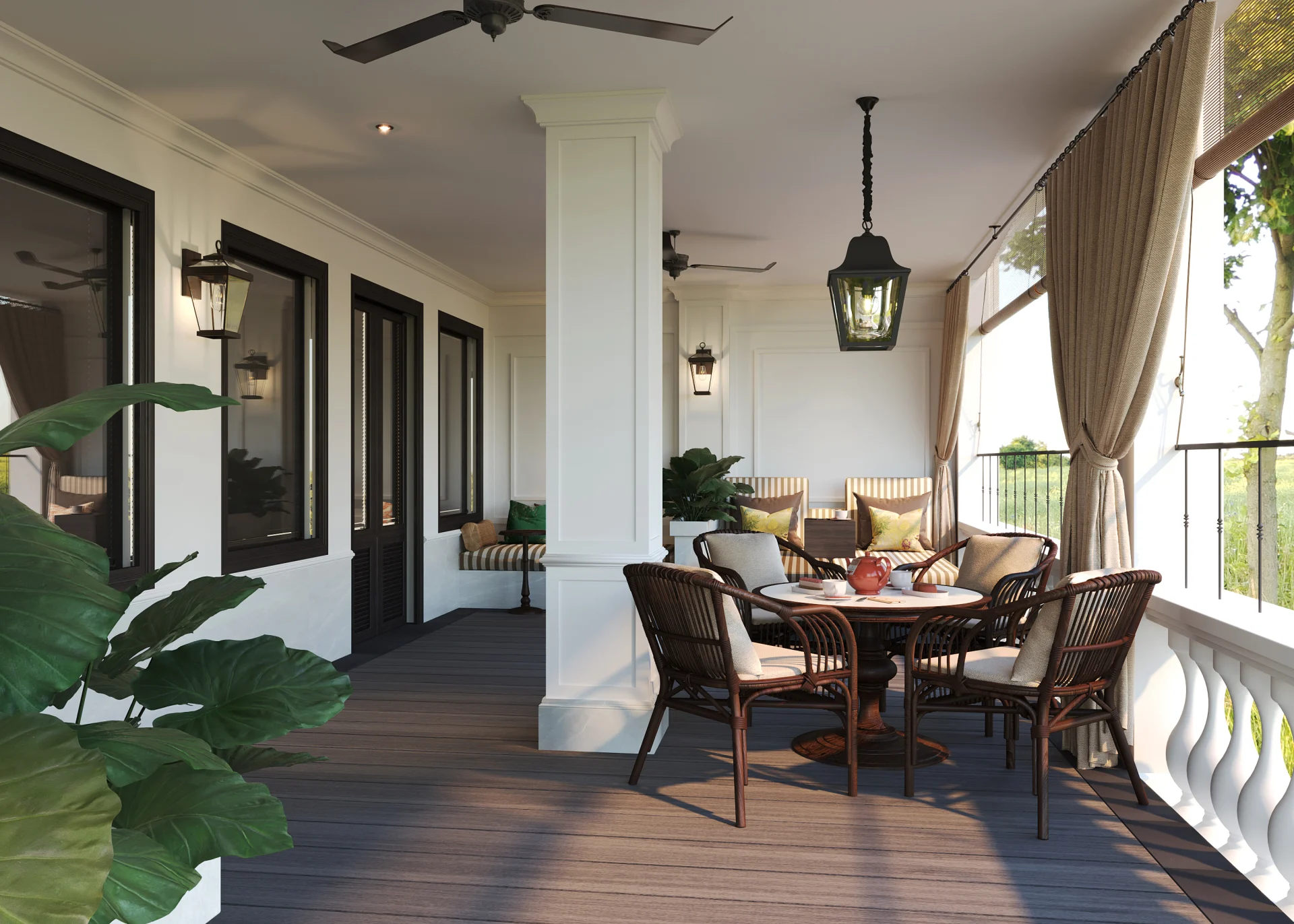 Elegant balcony dining area with rattan chairs and lantern lights at Anantara Hoi An Resort in Vietnam.