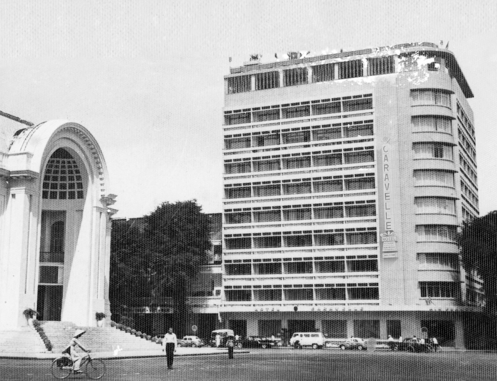 Black and white archival photo of the Caravelle Saigon Hotel