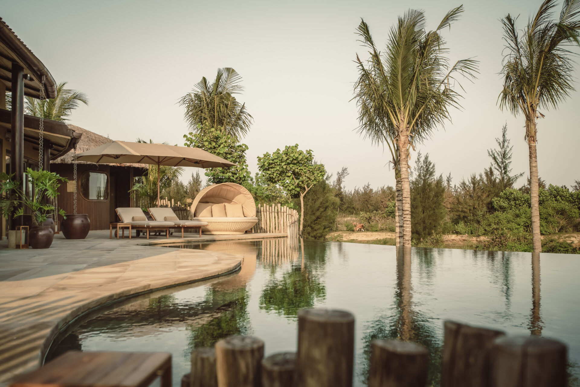Riverside infinity pool at Namia River Retreat surrounded by palm trees, sun loungers, and tropical greenery creating a serene atmosphere.