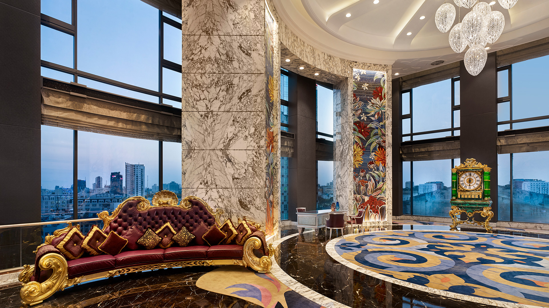 Ornate, luxurious lounge in The Reverie Saigon hotel