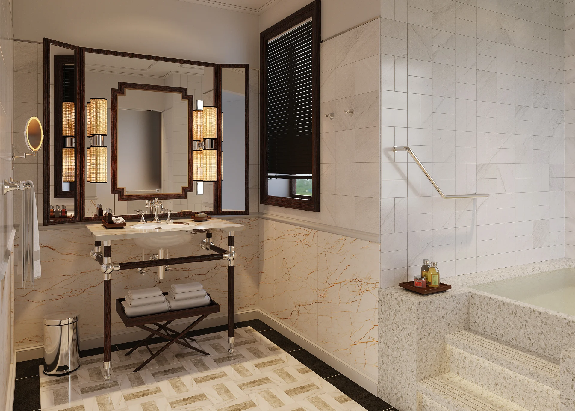 Luxurious marble bathroom with golden lighting and soaking tub inside Anantara Hoi An Resort in Vietnam.