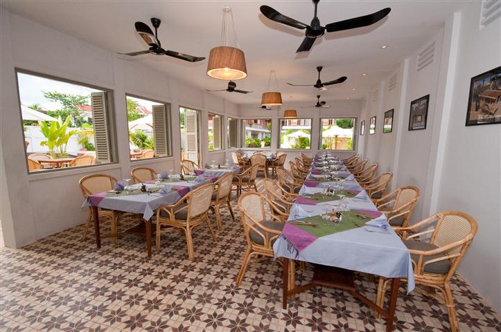 The interior of the Russey Battambang Restaurant at the Bambu Battambang Hotel.