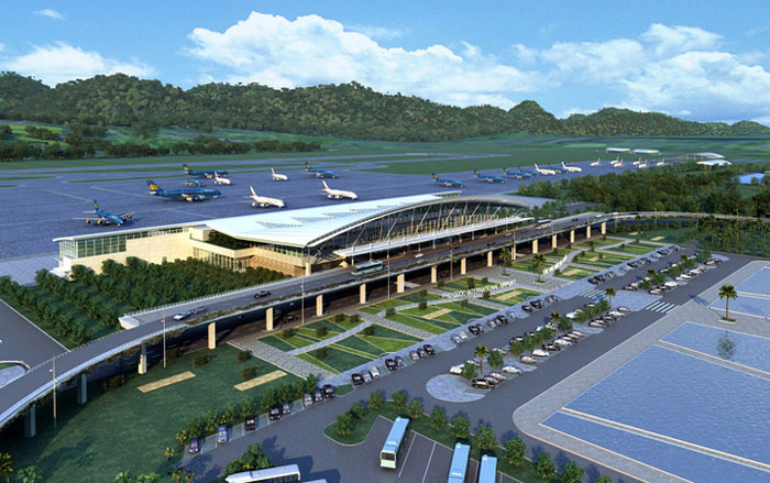 Phu Quoc International Airport Vietnam aerial view showing runway, terminal layout, and surrounding tropical landscape