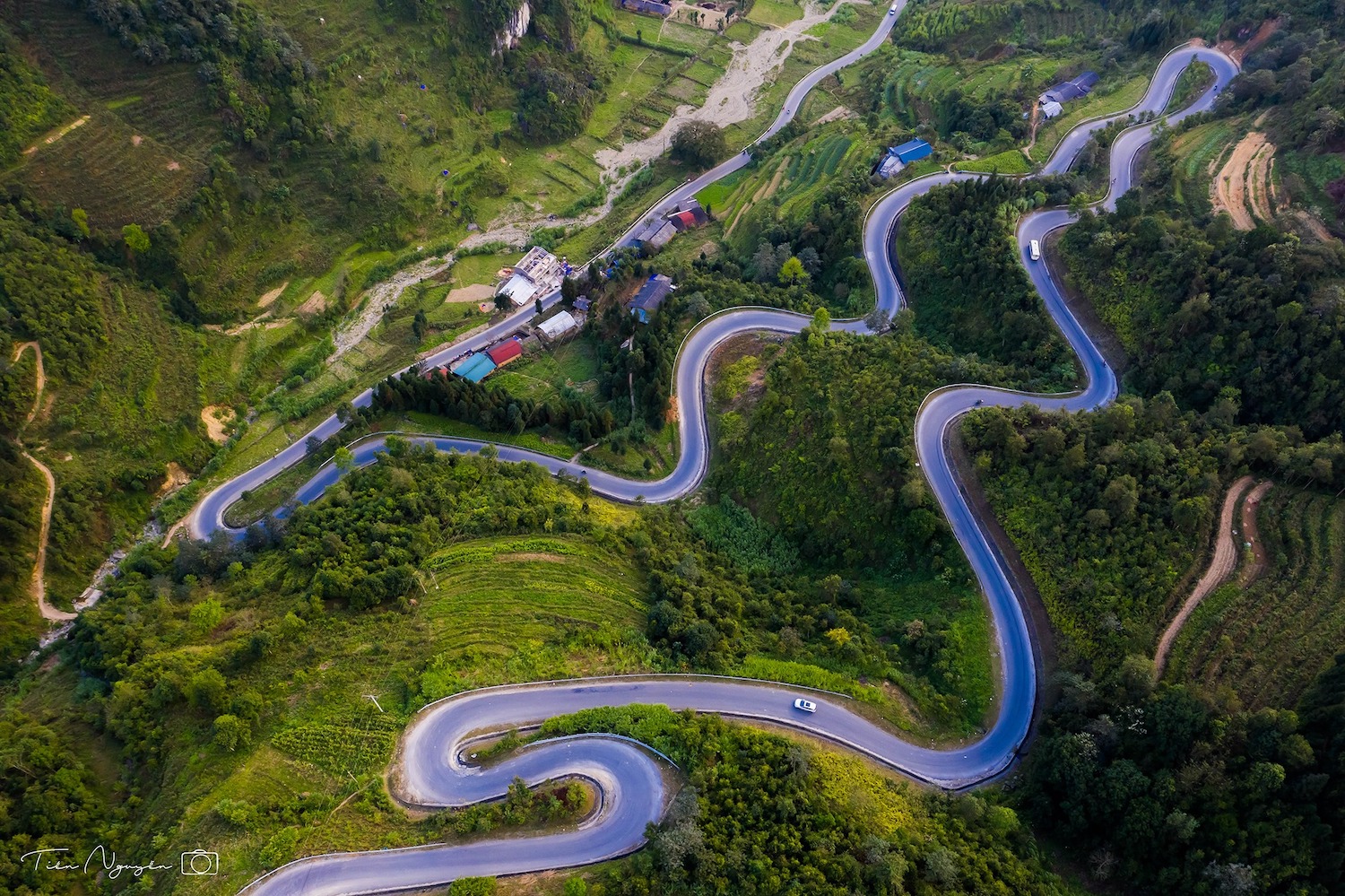 An aerial view of the winding roads of Ma Pi Leng Pass in Ha Giang, one of the most adventurous things to do in Vietnam