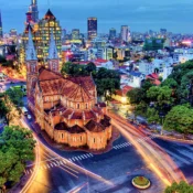 An aerial evening view of the Notre-Dame Cathedral Basilica of Saigon, a popular stop on a Ho Chi Minh City tour