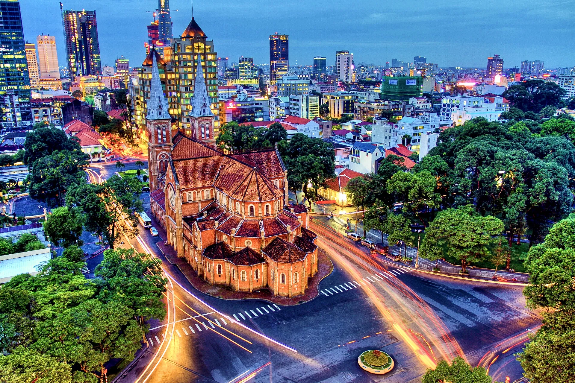 An aerial evening view of the Notre-Dame Cathedral Basilica of Saigon, a popular stop on a Ho Chi Minh City tour