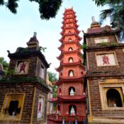 The Six-Degree Lotus Pagoda stands out in the ancient pagoda garden at Tran Quoc Pagoda.