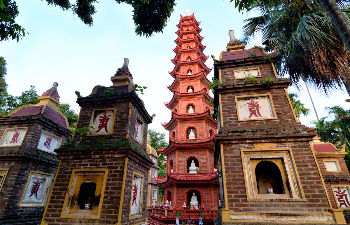 The Six-Degree Lotus Pagoda stands out in the ancient pagoda garden at Tran Quoc Pagoda.