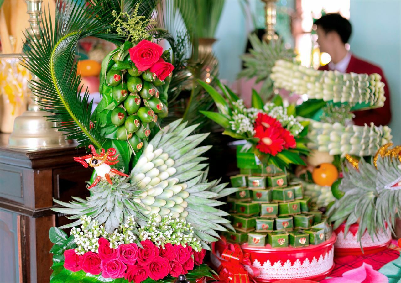 Traditional wedding fruit tray symbolizing marriage customs and culture in Vietnam