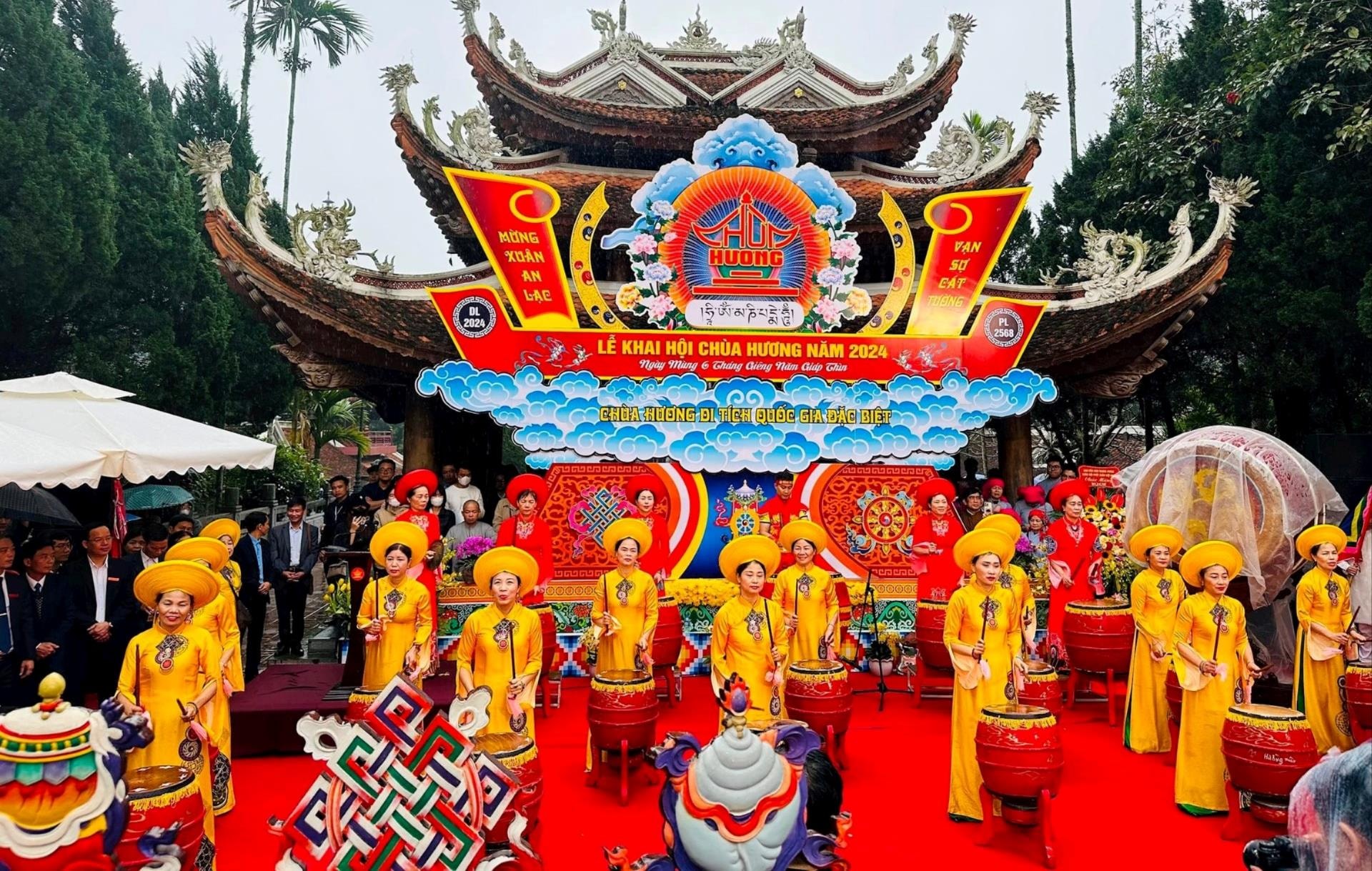 Vietnam Festivals at Huong Pagoda opening ceremony with traditional music and colorful cultural performance 